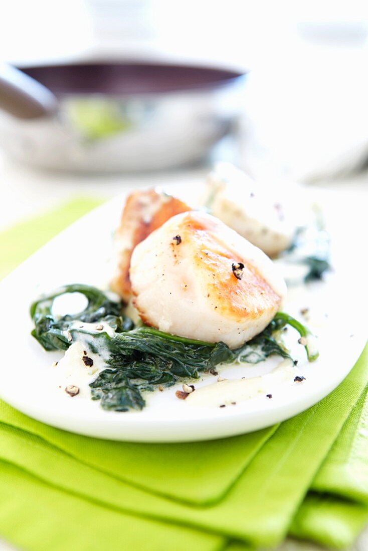 Fried scallops with spinach