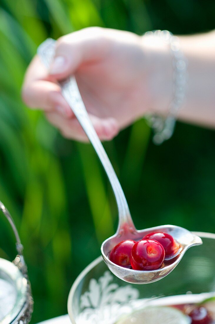 A hand holding a ladle of cherry cooler