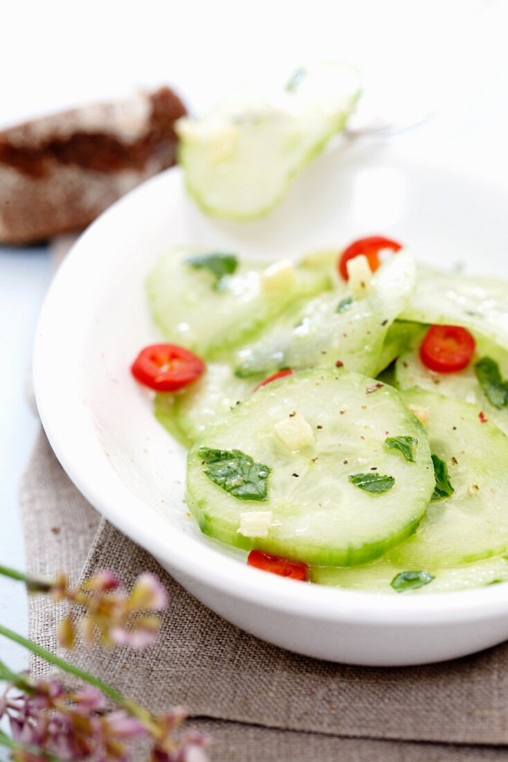Cucumber salad with sliced chillies