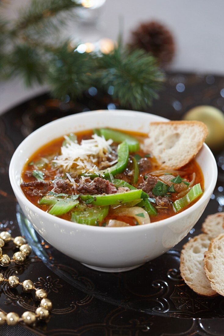 Minced meat soup with celery for Christmas