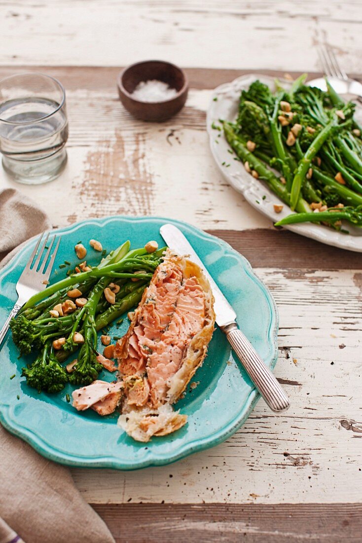 Salmon en croute with a broccolini and asparagus salad