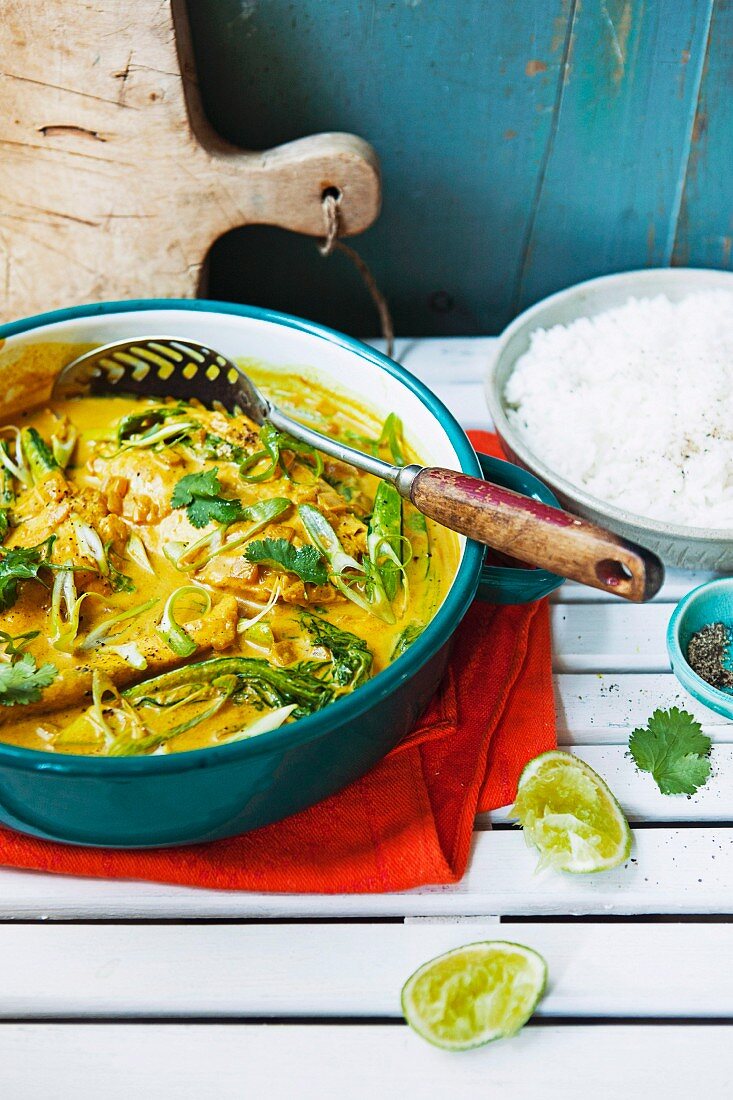 Fish curry with coconut milk and rice