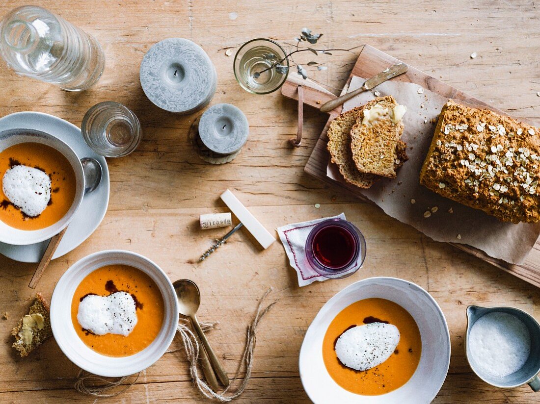 Pumpkin soup with ginger milk, and soda bread with molasses