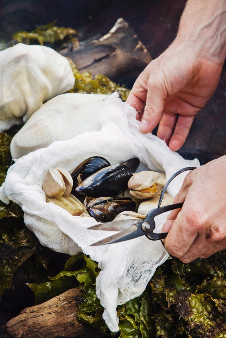 Mussels cooked in fabric sacks