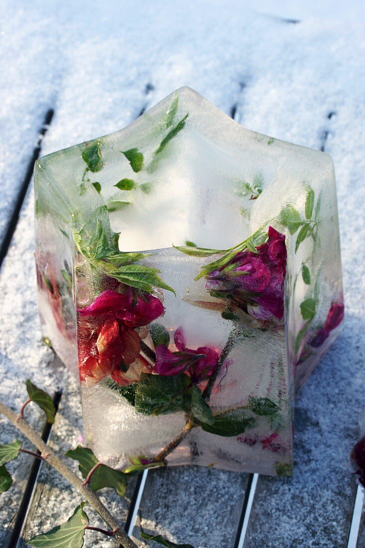 Ice lantern containing frozen flowers on snowy ground