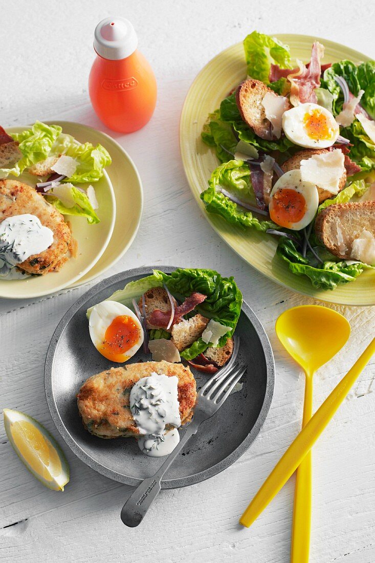 Salmon cakes with a colourful salad