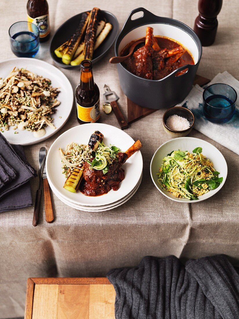 Braised leg of lamb with fried leek