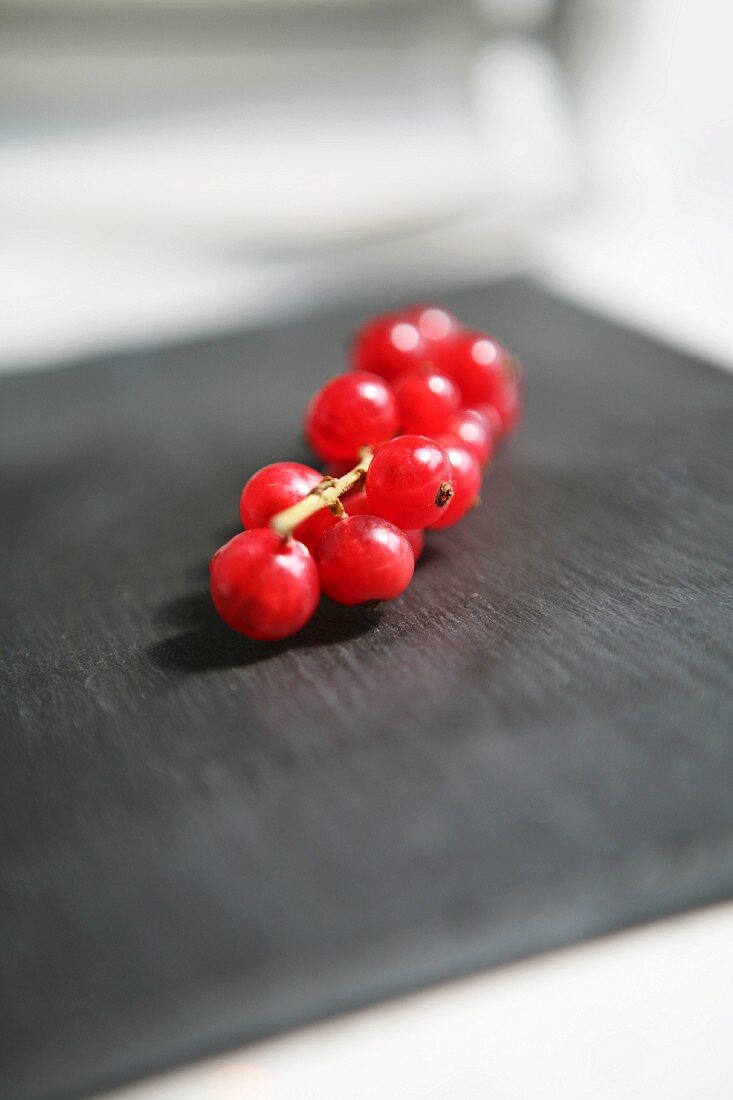 Rote Johannisbeeren auf einem schwarzen Brett