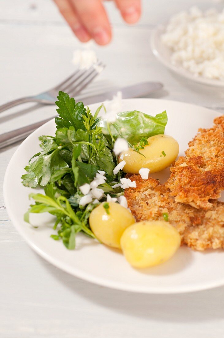Schnitzel with boiled potatoes and Frankfurt salad