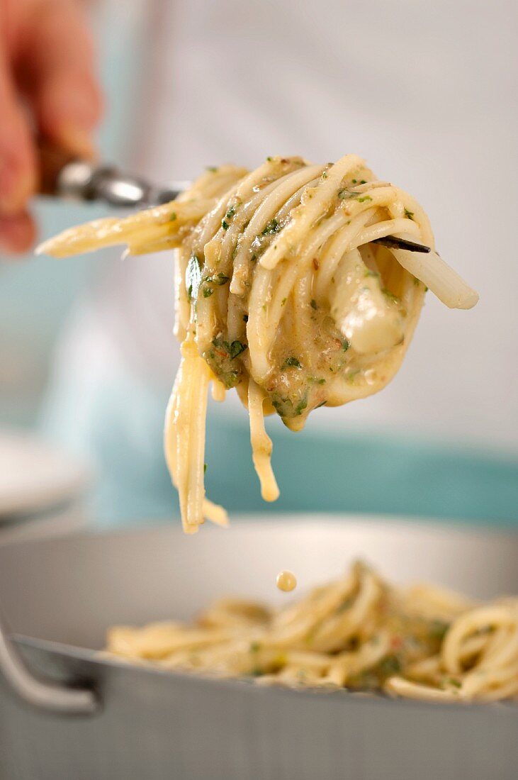 Spaghetti mit Spargelsauce auf Gabel