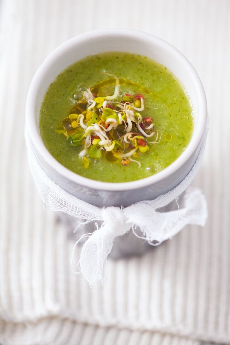 Courgette soup with edible shoots and olive oil