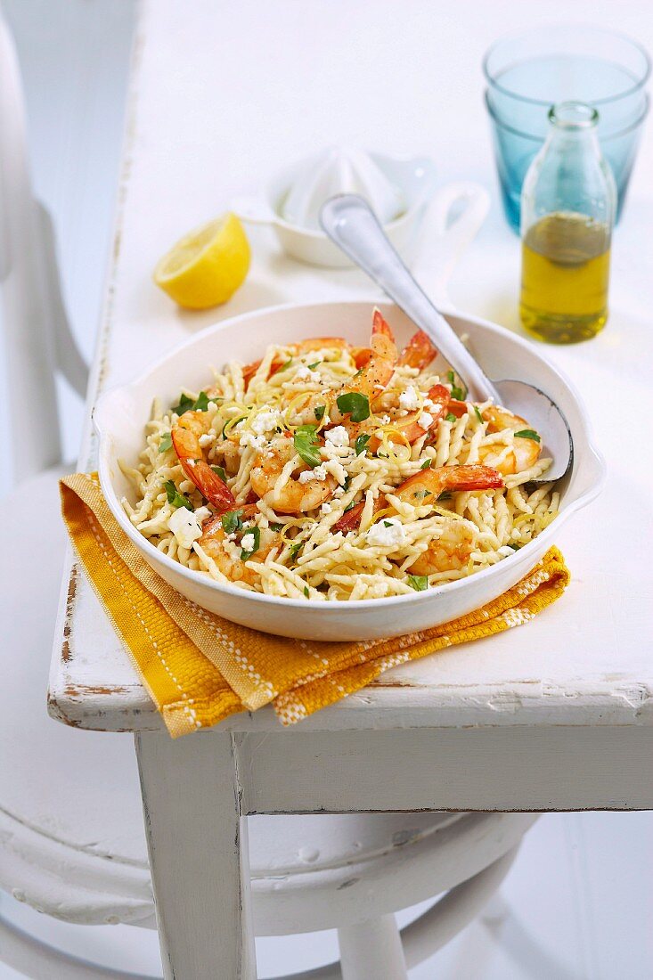 Trofie pasta with prawns, feta and lemon