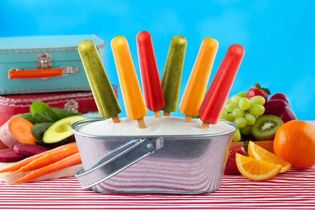 Fruit and Veggie Popsicles in an Ice Bucket