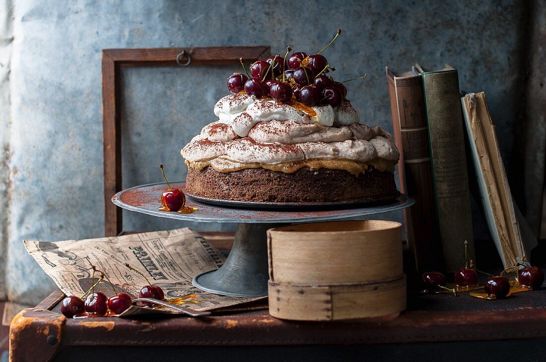 Chestnut mousse cake with caramel-coated cherries