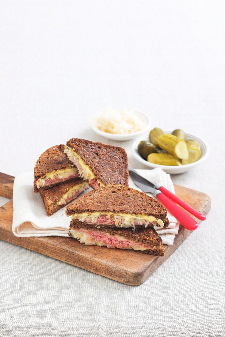 Reuben sandwiches with pastrami and sauerkraut