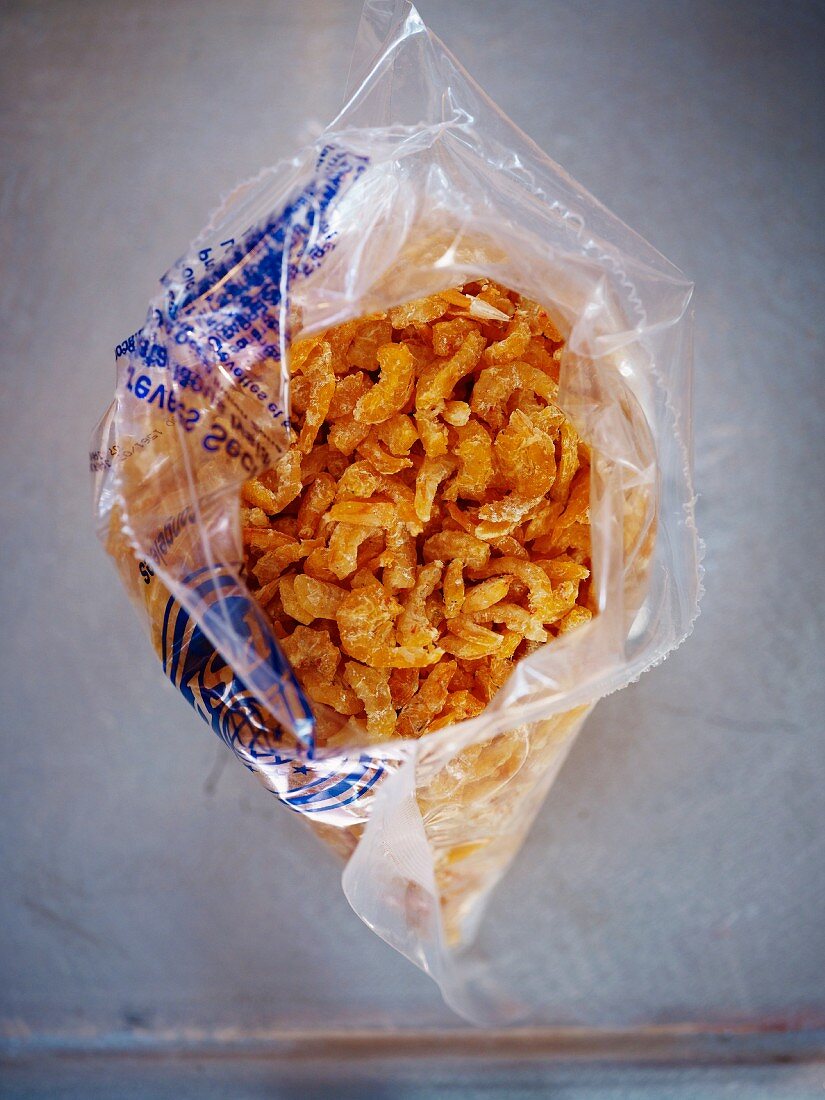 Dried prawns in an open plastic bag (view from above)