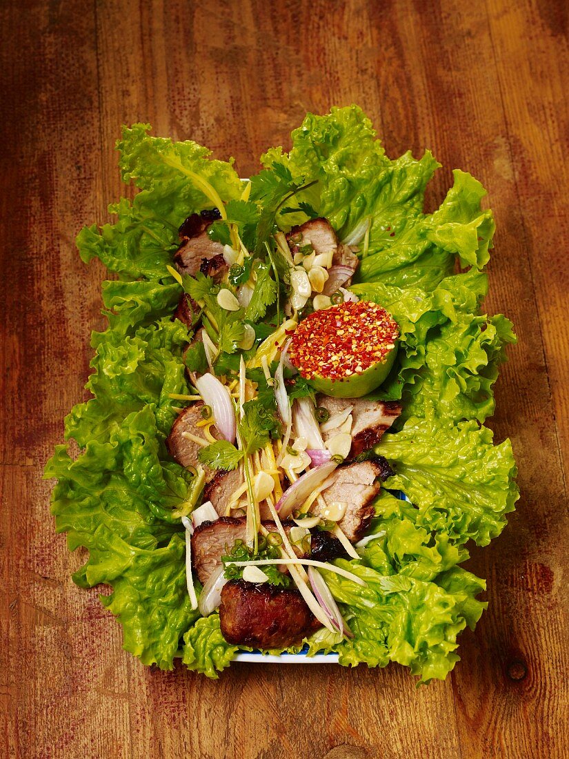 Filet mignon, sliced, on a bed of lettuce