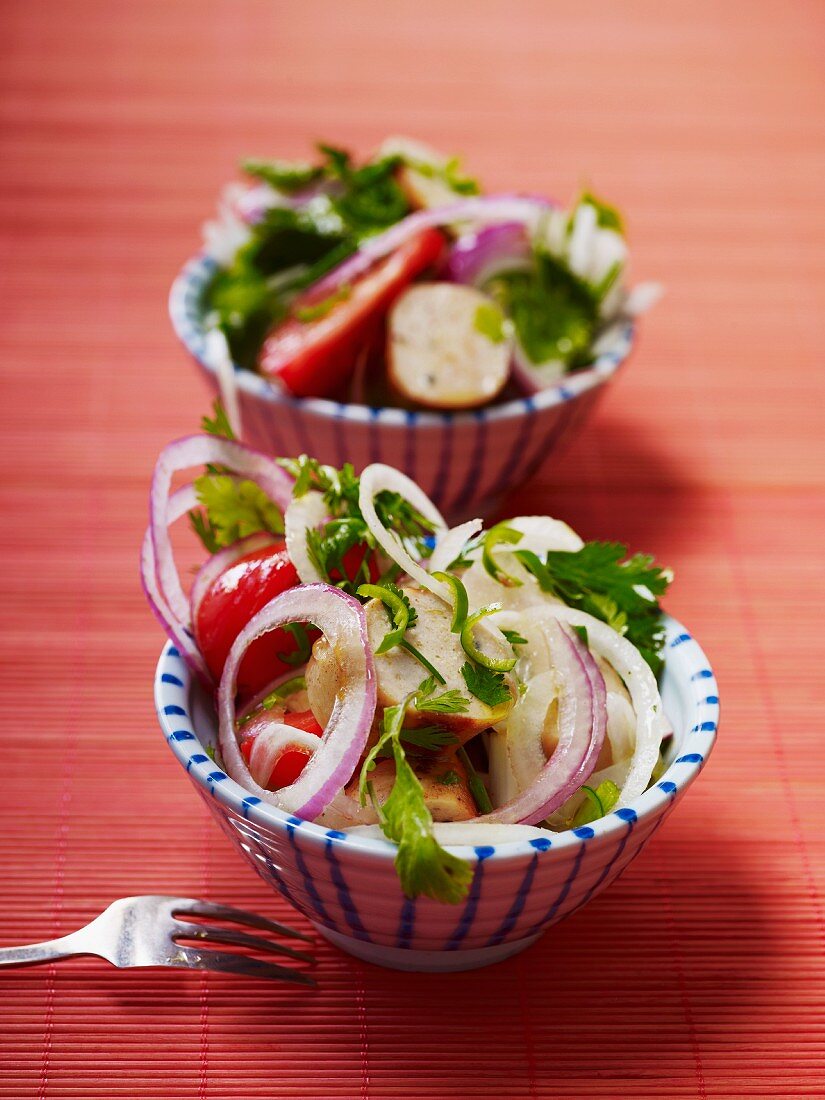 Salat mit Weisswurst, Tomaten, Zwiebeln & grünem Chili