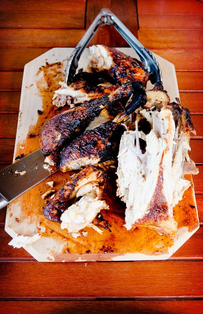 Beer-can chicken, cut into pieces