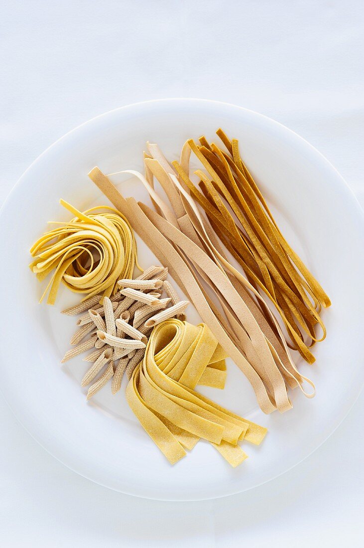 Different types of pasta on a plate against a white background