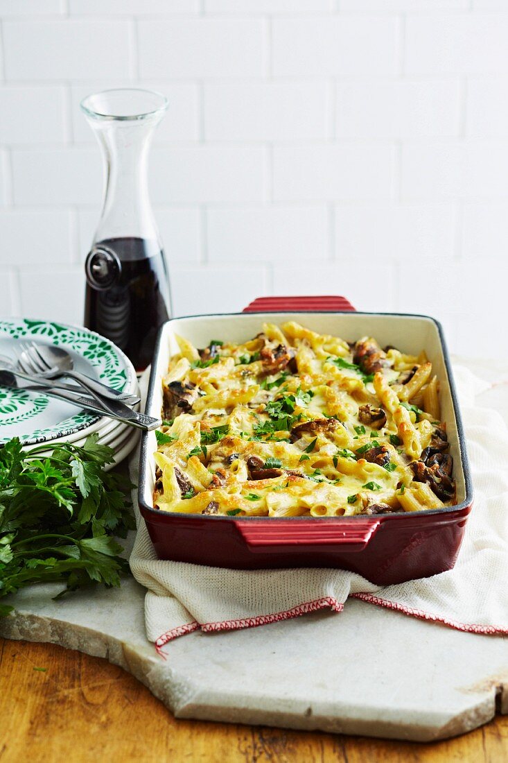 Pasta bake with mushrooms and porcini mushrooms