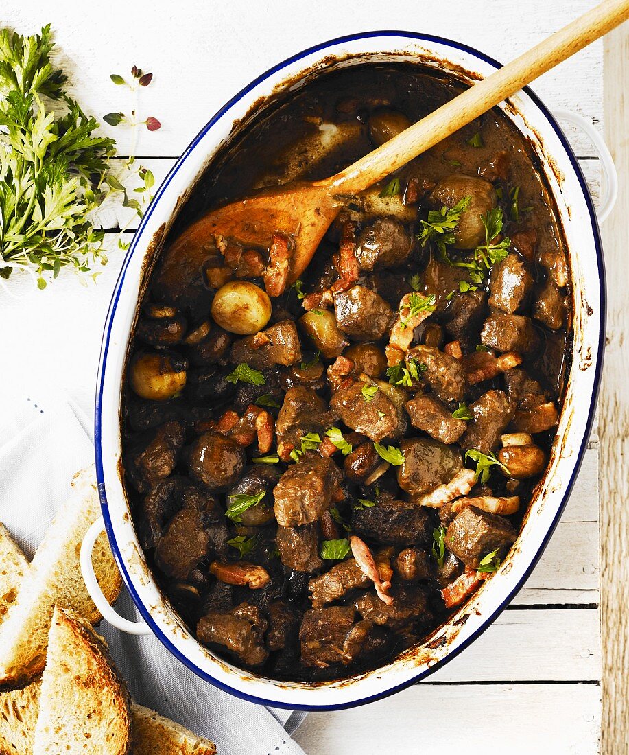 Beef Bourguignon in an enamel oven dish