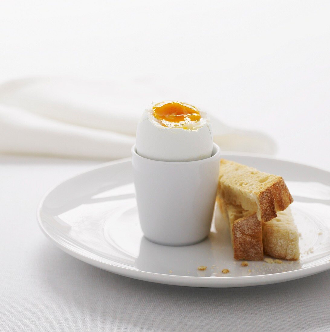 Gekochtes Ei im weißen Eierbecher und Toaststreifen