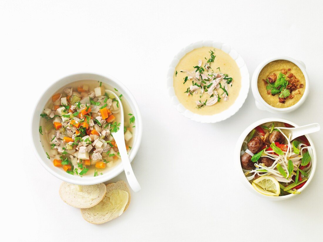 Four different chicken soups from one basic recipe