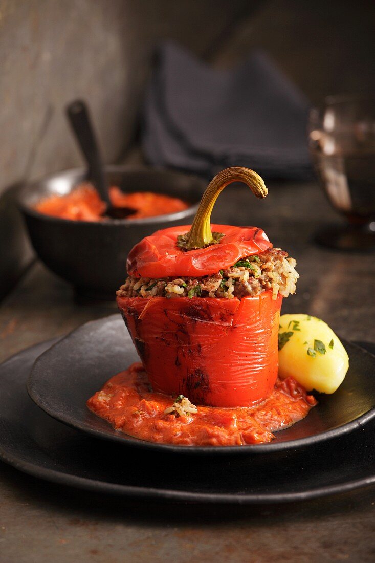 Peppers stuffed with minced meat and rice on a bed of tomato sauce