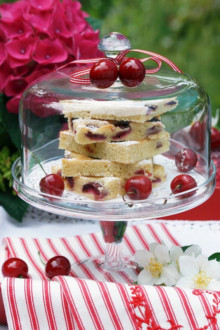 Cherry cake on glass cake stand with glass cover