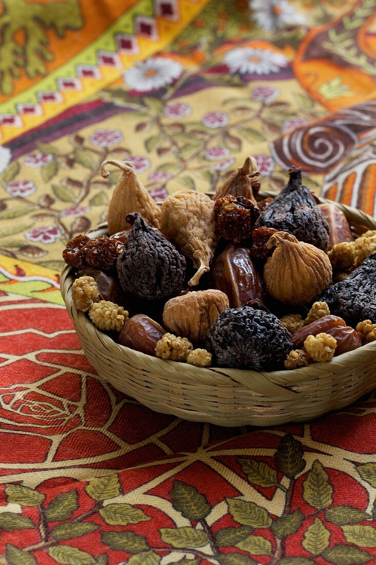 Dried fruits: light and dark figs, physalis and mulberries