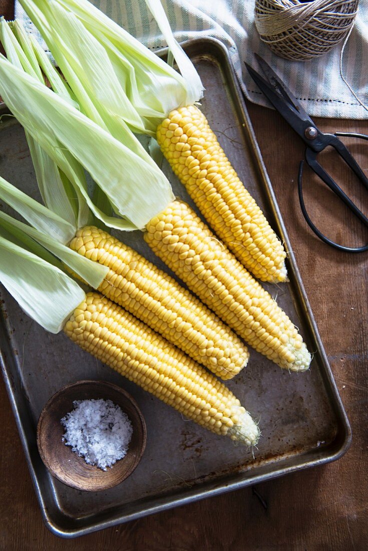 Corn cobs on a baking tray and a small dish of salt
