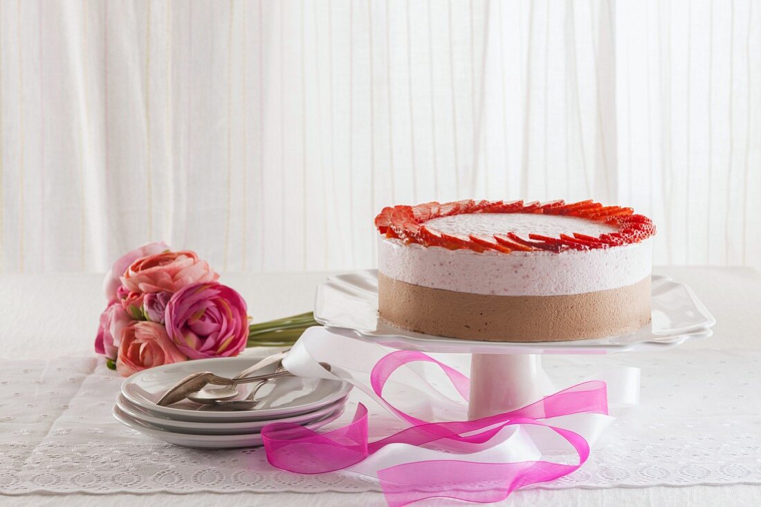 Strawberry and chocolate mousse layer cake