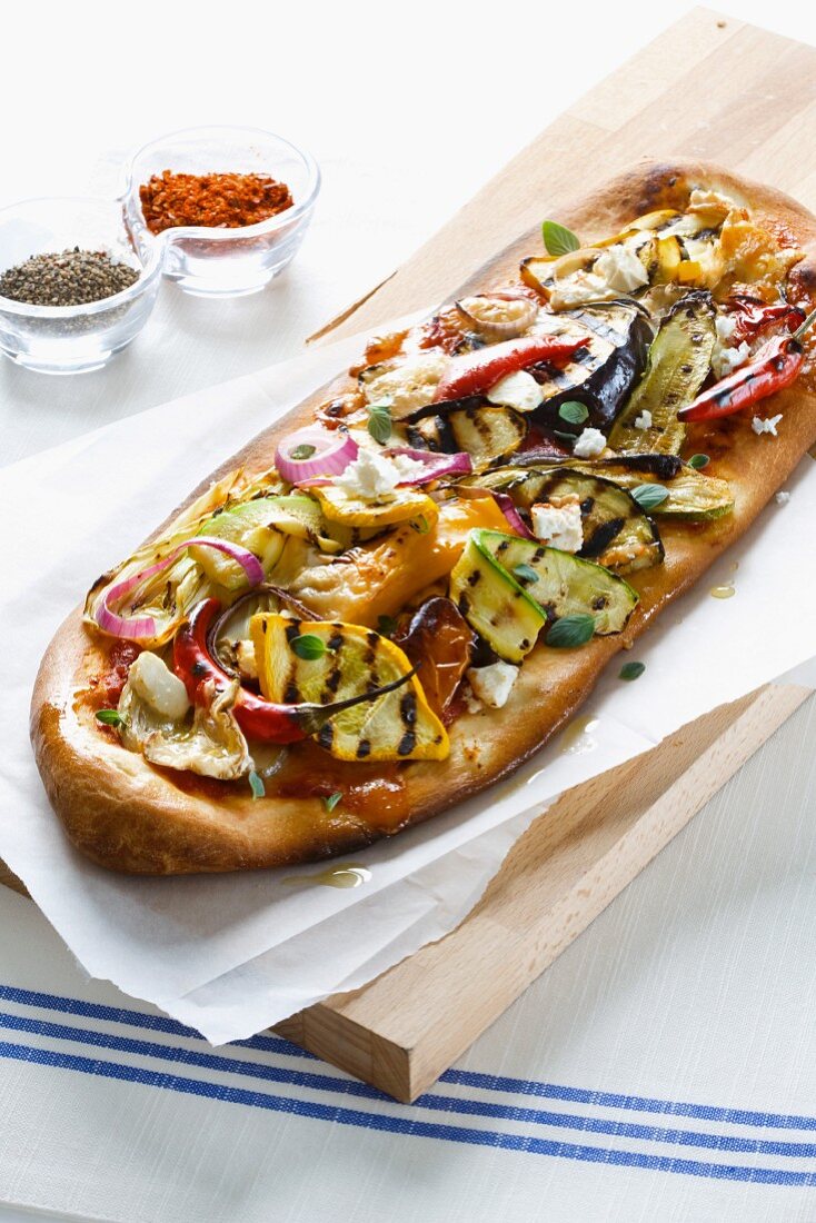 Oblong pizza with chargrilled vegetables