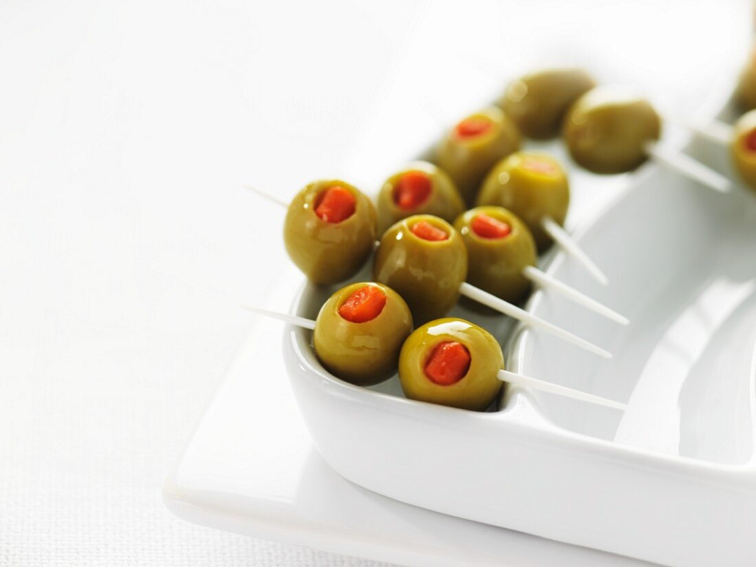 Skewers of stuffed Manzanilla olives