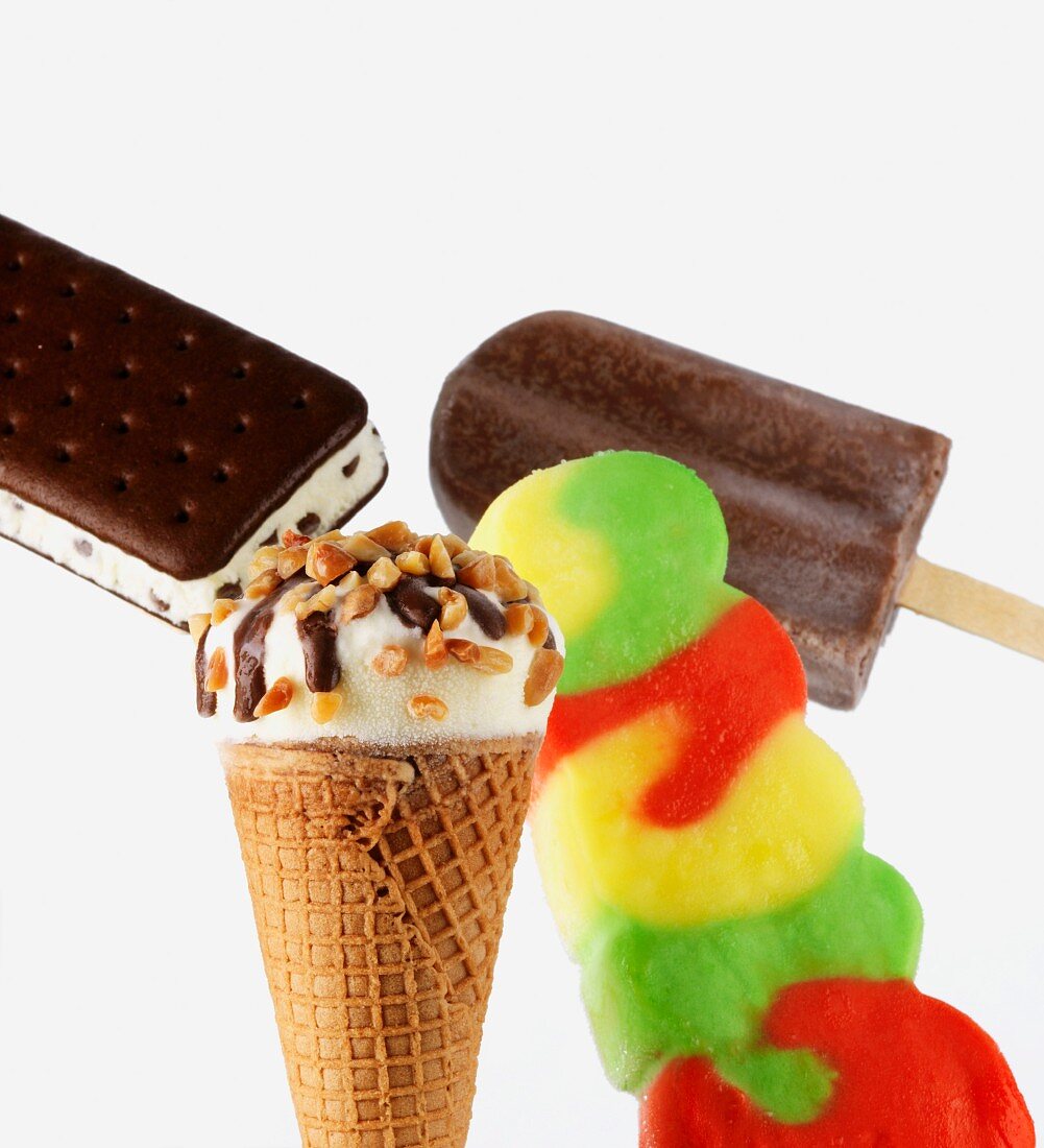 Four assorted ice cream products against a white background