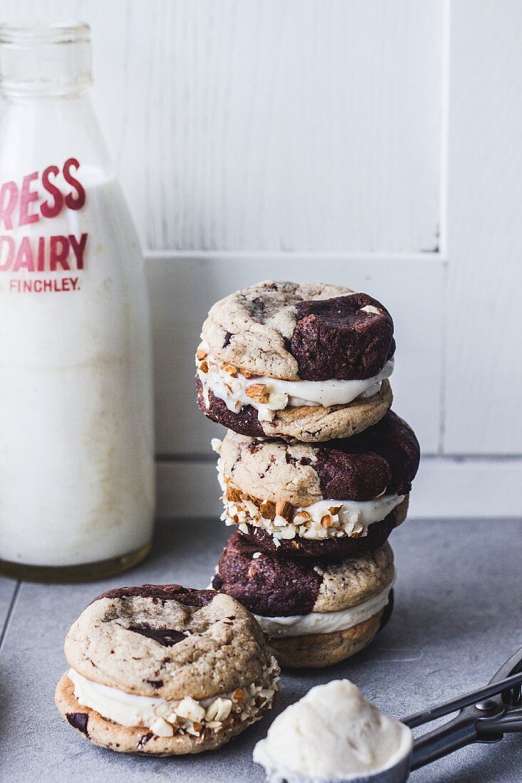 Ice-cream sandwiches and a bottle of milk