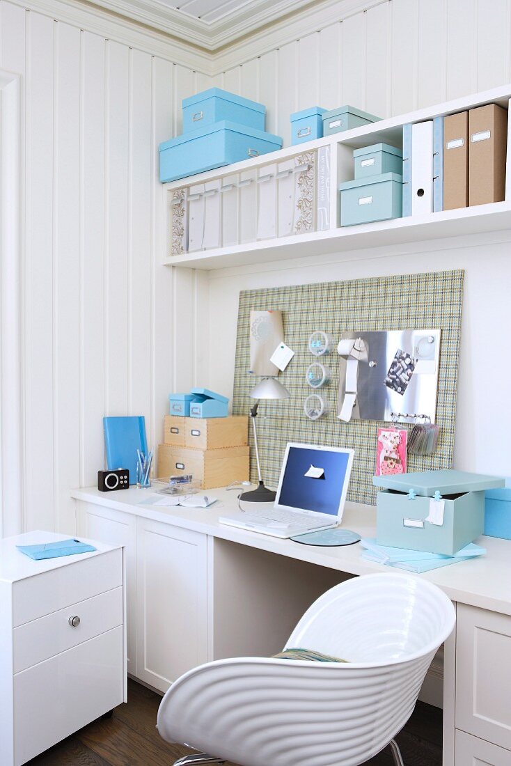 White home office area with country-house-style wood panelling