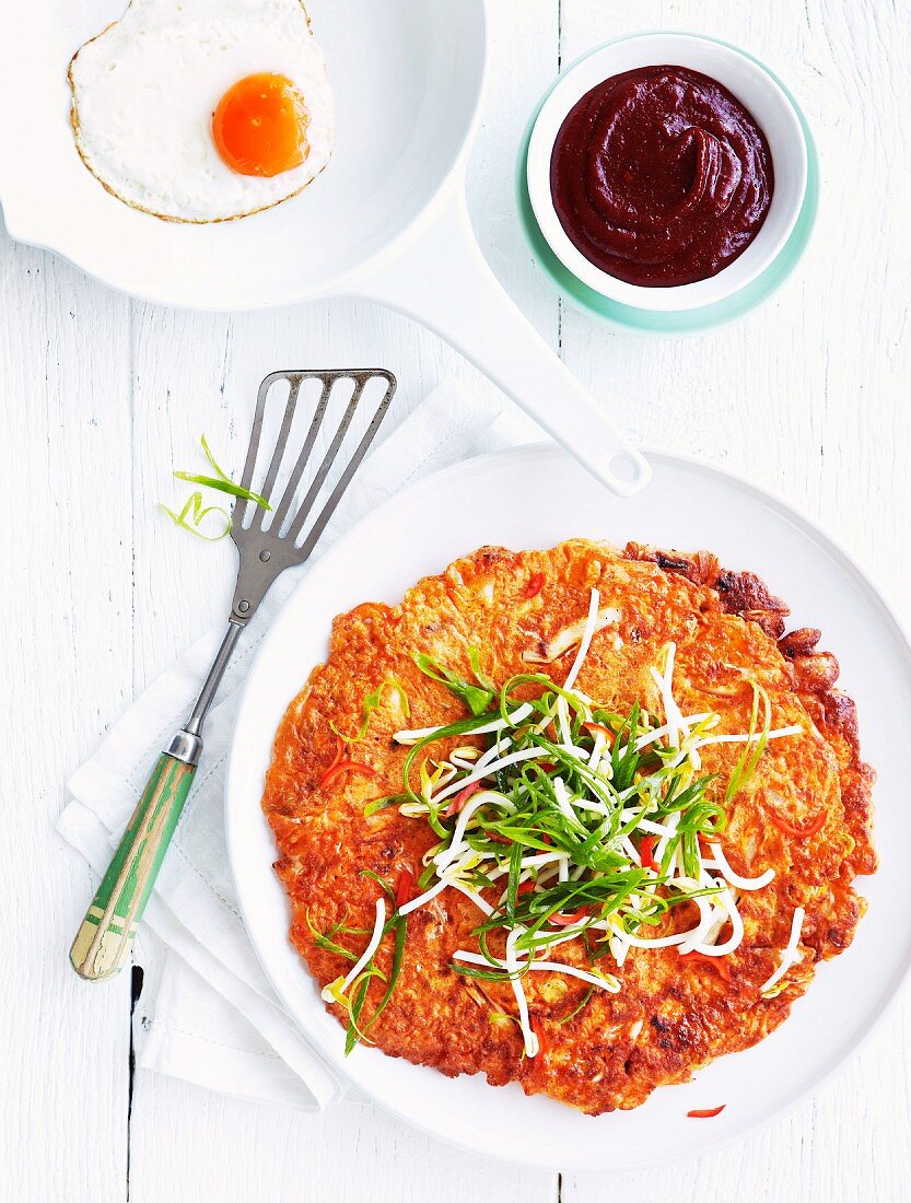 Kimchi pancake with egg and chilli paste (Korea)