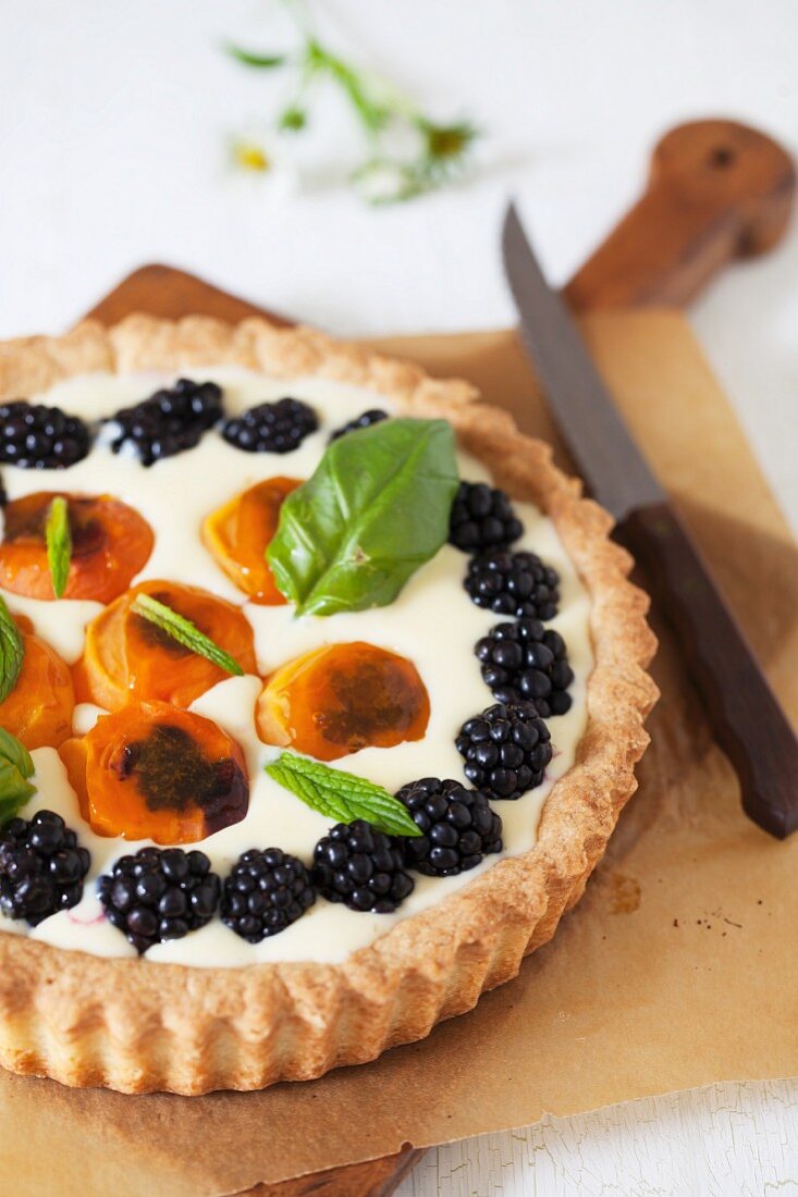 Apricot Blackberry Tart with Shortbread Crust and Basil Cream