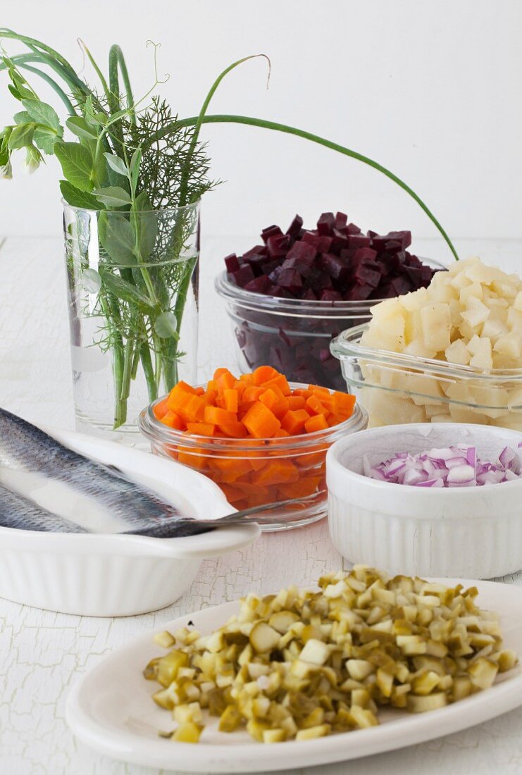 Verschiedene Salatzutaten: Hering, Rote Bete, Karotten, Zwiebeln, Essiggurken, Kartoffeln