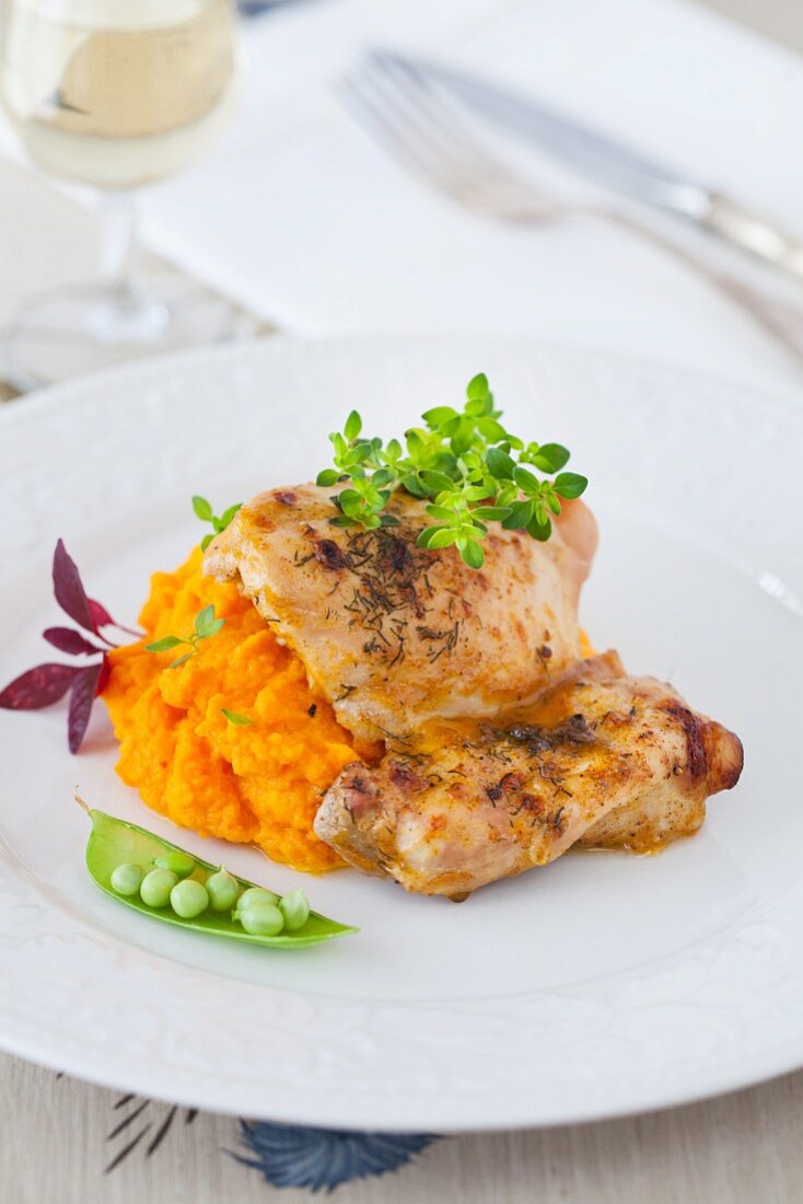 Chicken with Carrot Puree and Peas