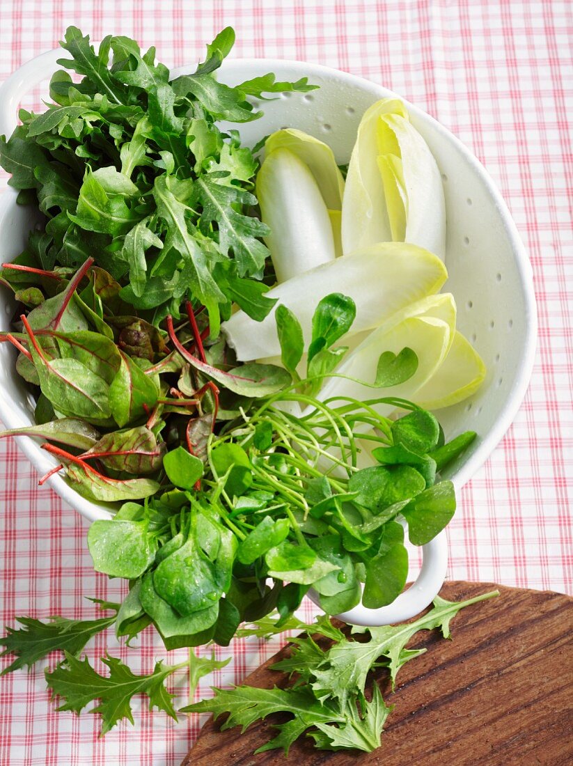 Verschiedene frische Salate im Küchensieb