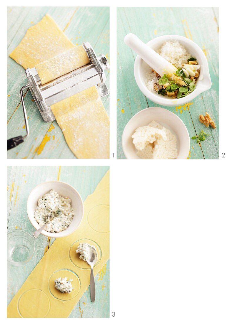 Ricotta-filled ravioli being prepared