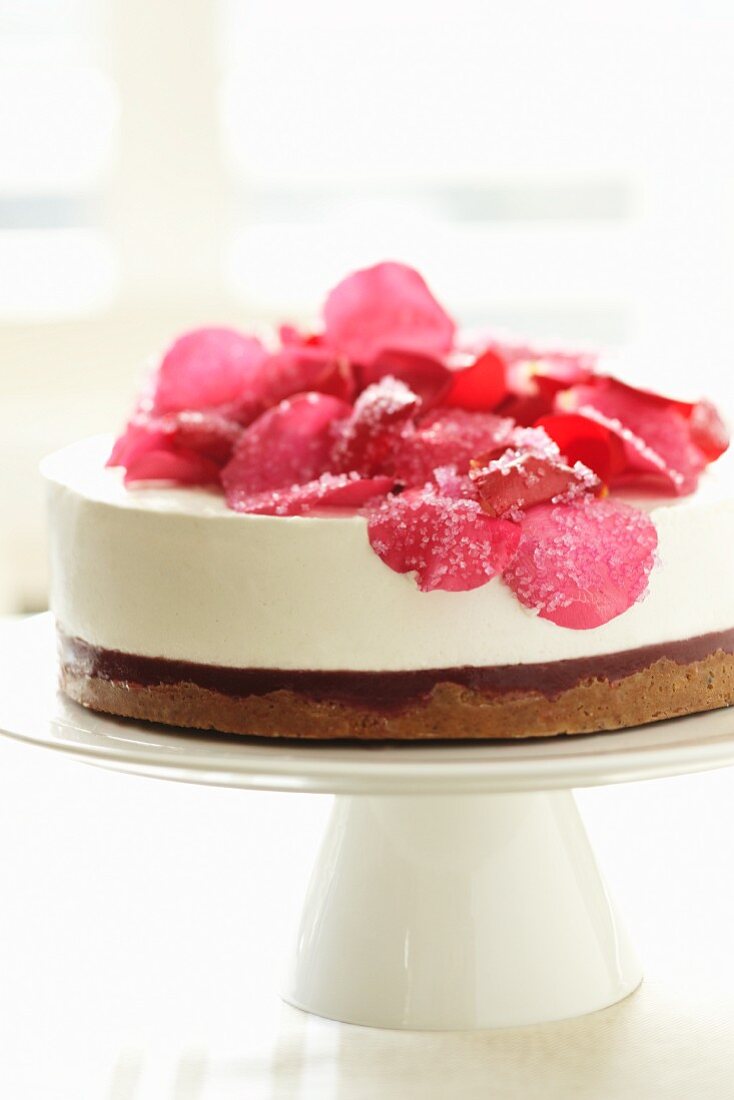 Raspberry cheesecake with rose petals