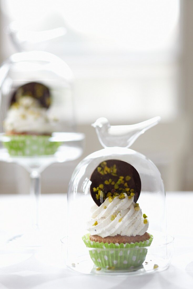 A cupcake topped with whipped cream and a giant chocolate button under a glass dome