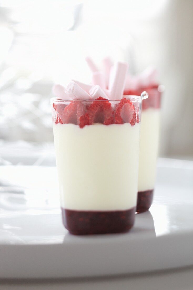 Layered dessert with raspberries and meringue