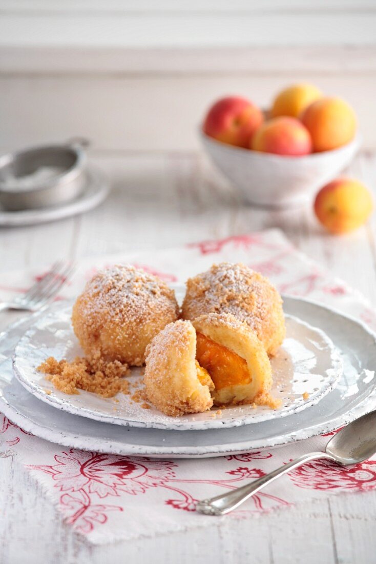 Apricot dumplings with buttered breadcrumbs