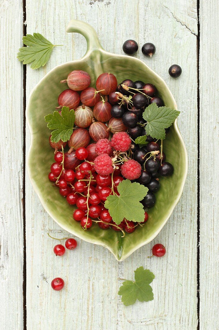 Gemischte Beeren in einer blattförmigen Schale