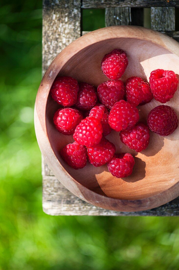 Frische Himbeeren in Holzschale auf einem Gartentisch